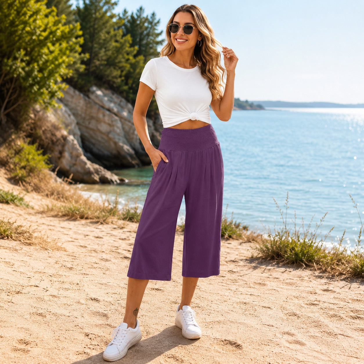 Rosetta™ Caprihose aus Baumwoll-Leinen mit Elegantem Gesmoktem Bund