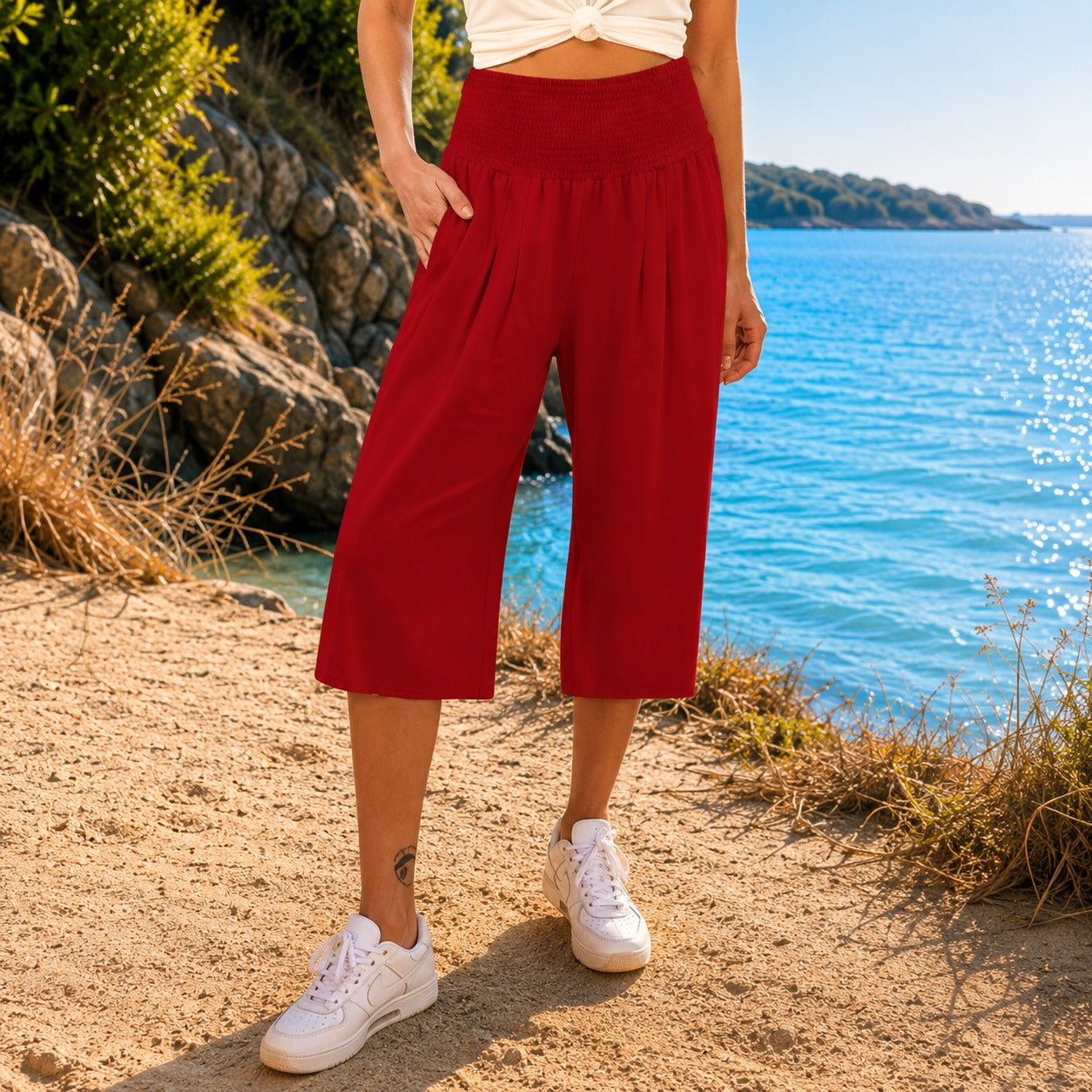 Rosetta™ Caprihose aus Baumwoll-Leinen mit Elegantem Gesmoktem Bund