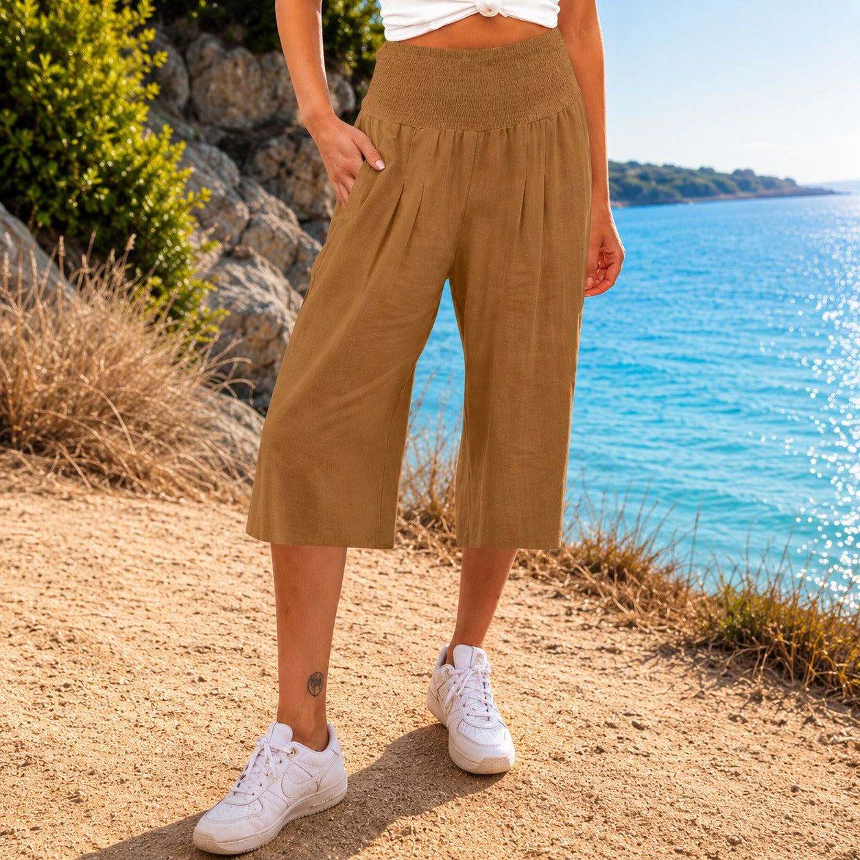 Rosetta™ Caprihose aus Baumwoll-Leinen mit Elegantem Gesmoktem Bund