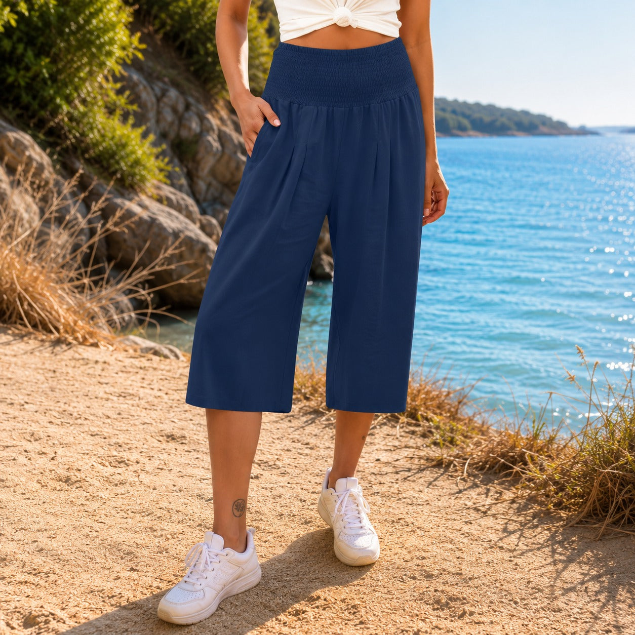 Rosetta™ Caprihose aus Baumwoll-Leinen mit Elegantem Gesmoktem Bund