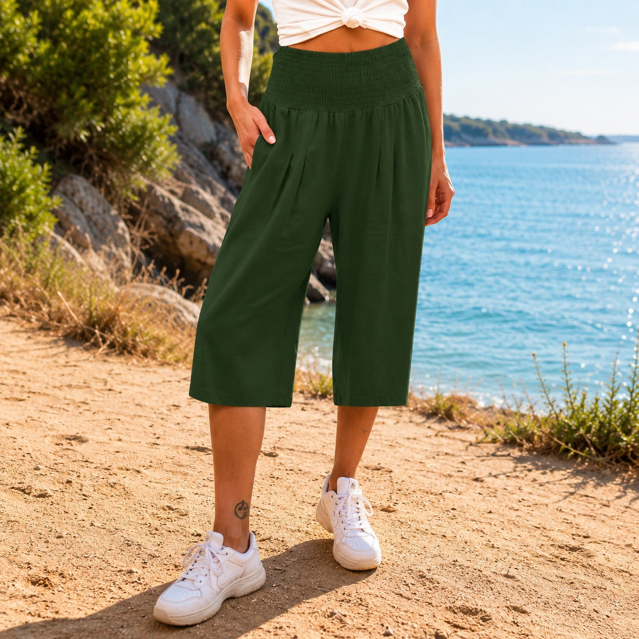 Rosetta™ Caprihose aus Baumwoll-Leinen mit Elegantem Gesmoktem Bund