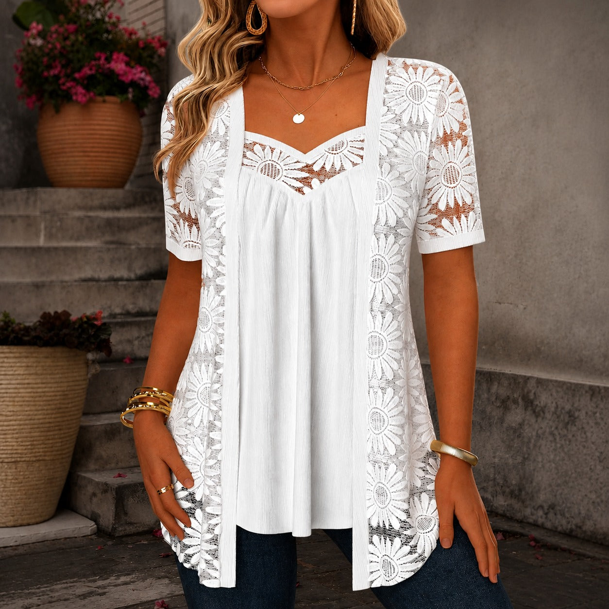 Nadia™ Bluse aus Leinenmischgewebe mit Lagenlook und Spitze