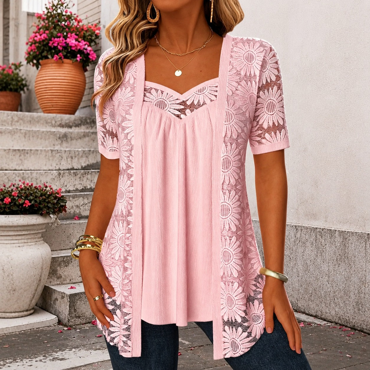 Nadia™ Bluse aus Leinenmischgewebe mit Lagenlook und Spitze
