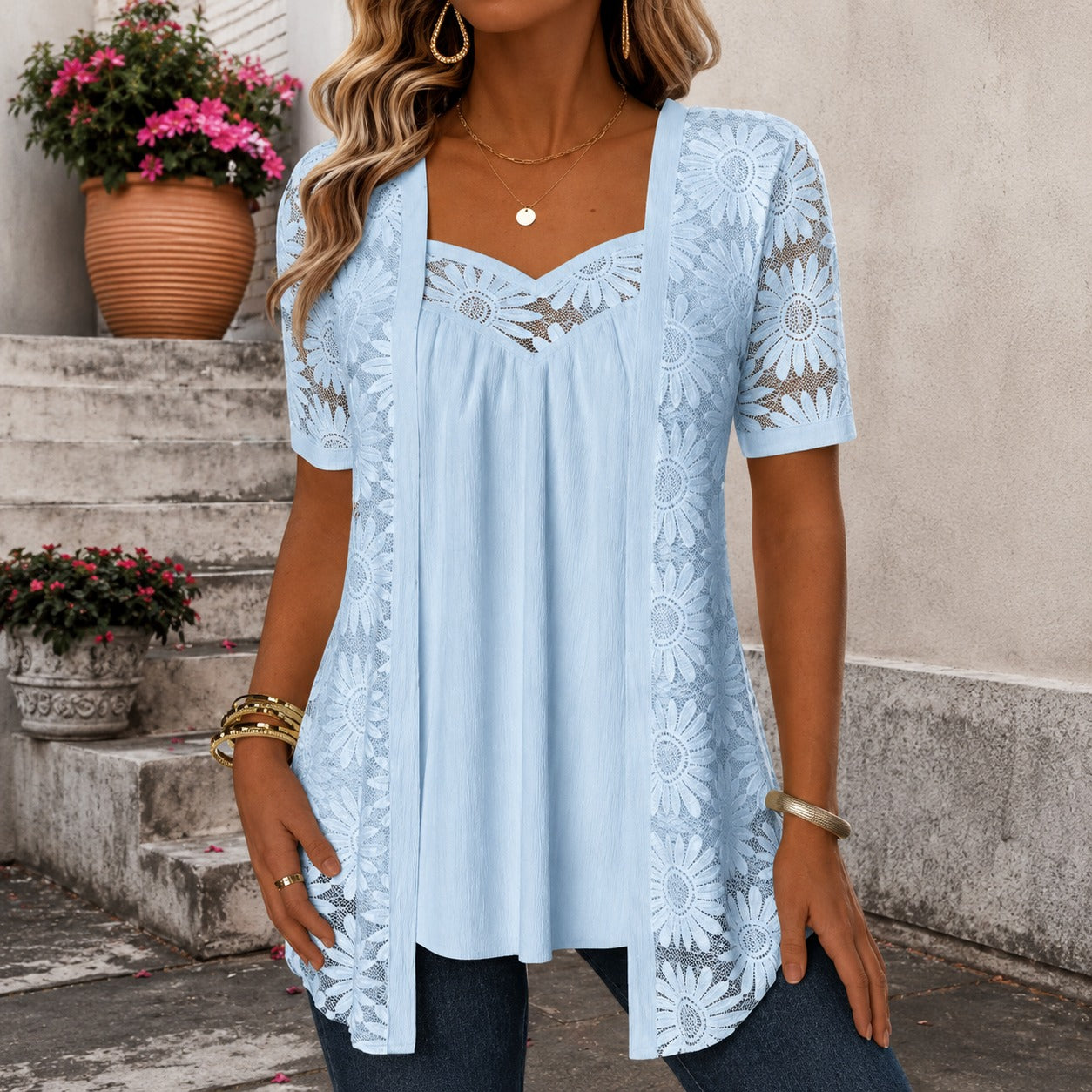 Nadia™ Bluse aus Leinenmischgewebe mit Lagenlook und Spitze