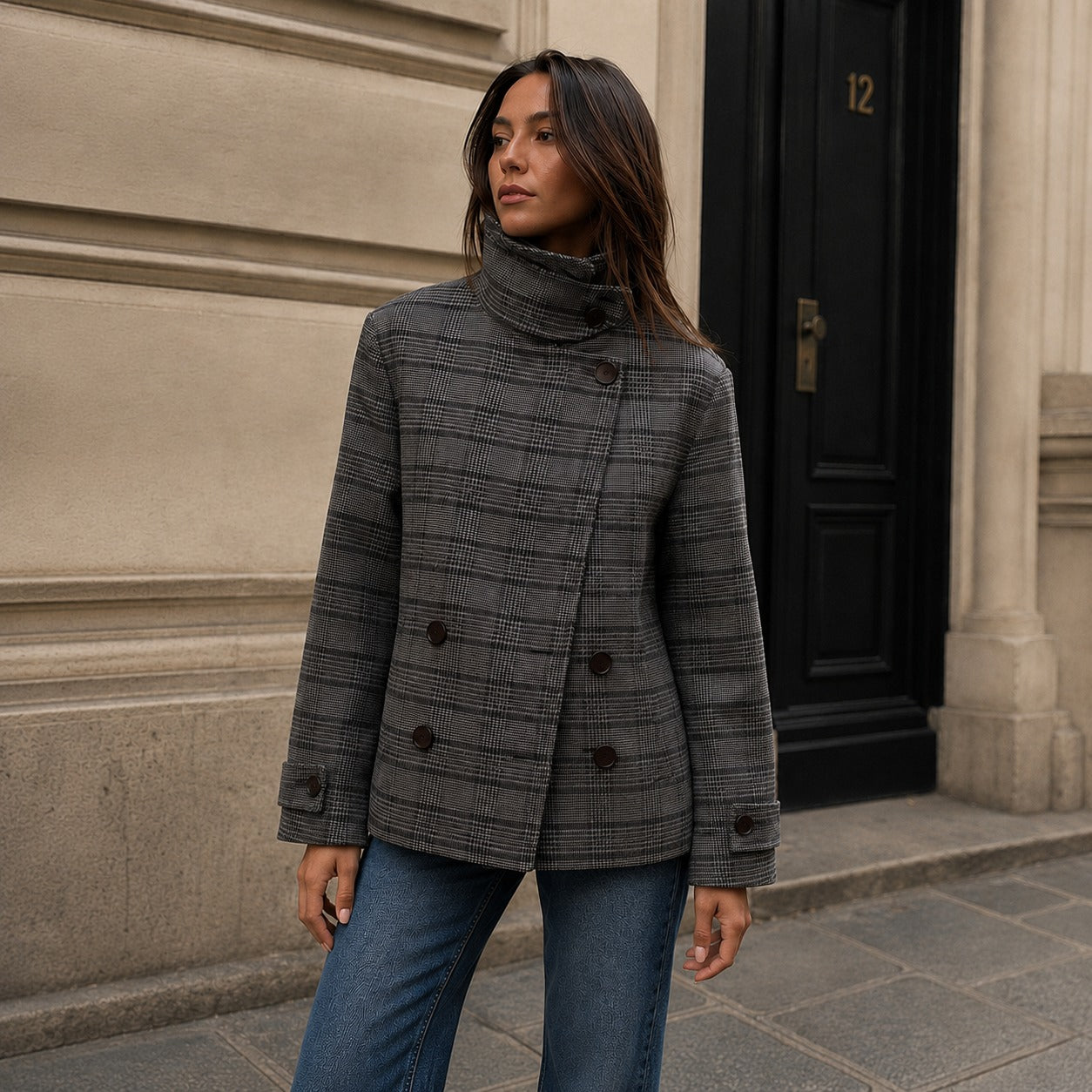 Jacke Nolene™ mit Asymmetrischer Knopfleiste, Hohem Stehkragen und Karomuster