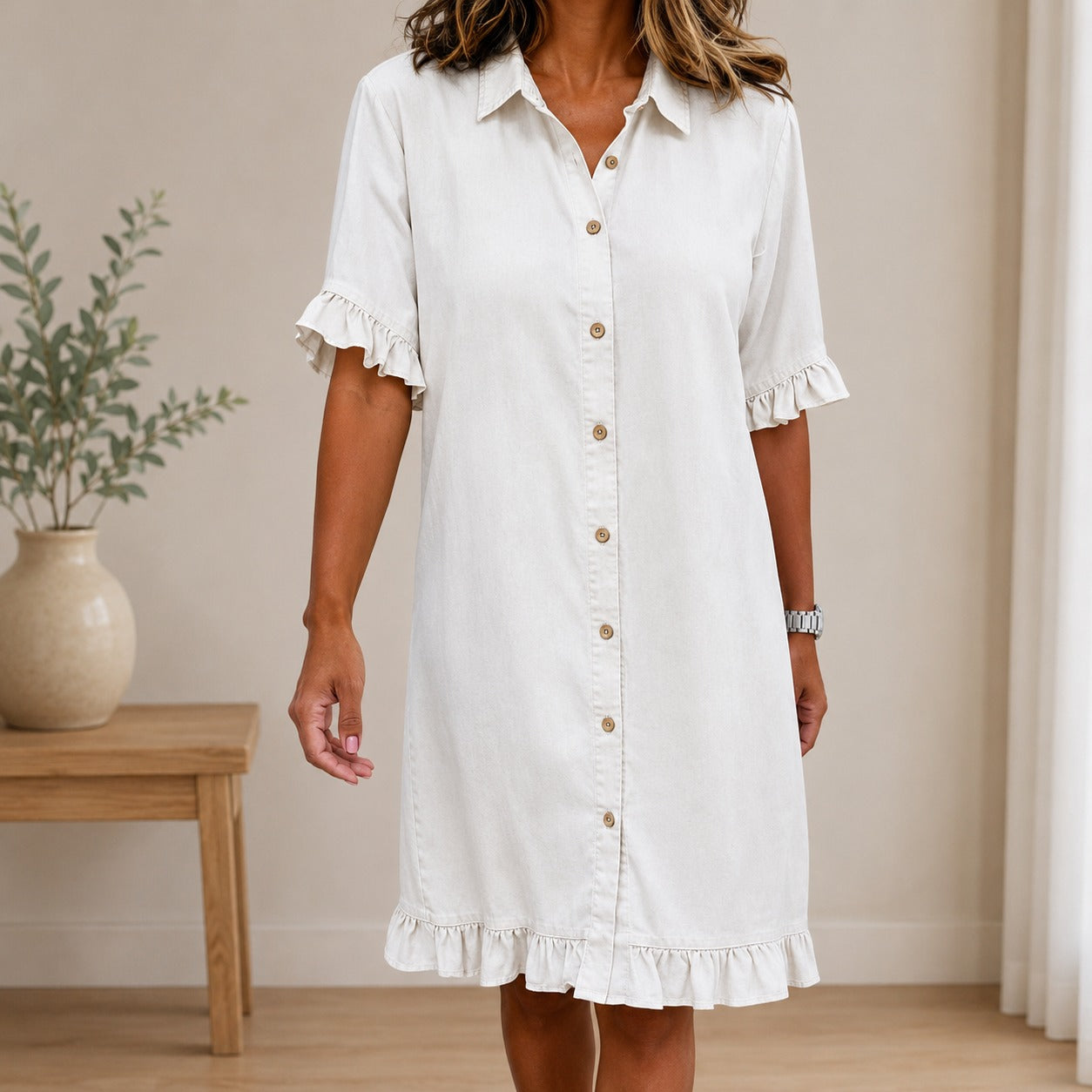 Hemdblusenkleid Marla™ aus Leichtem Denim mit Klassischem Kragen und Volantärmeln