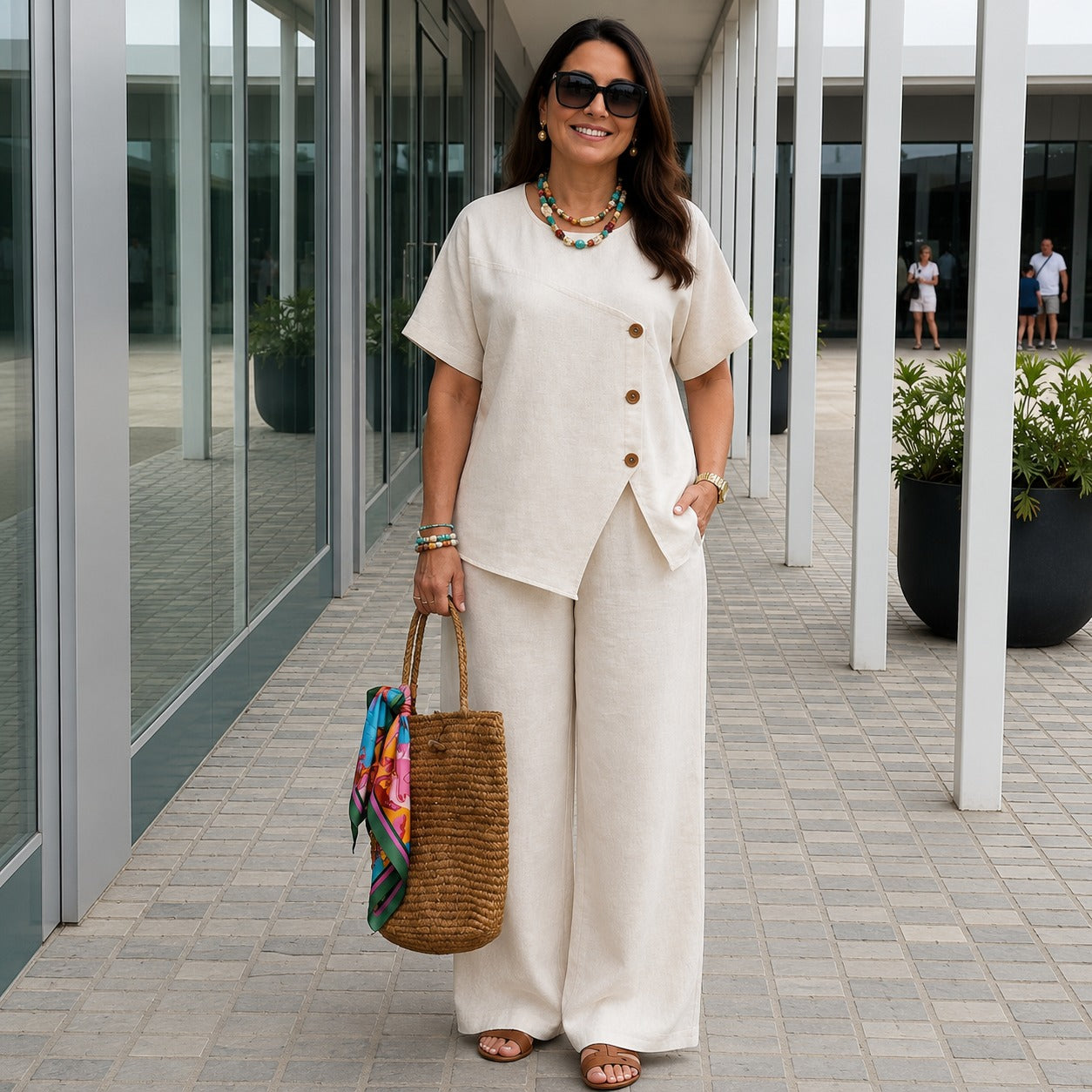 Savena™ Set mit Asymmetrischer Bluse mit Zierknöpfen und High-Waist-Culotte