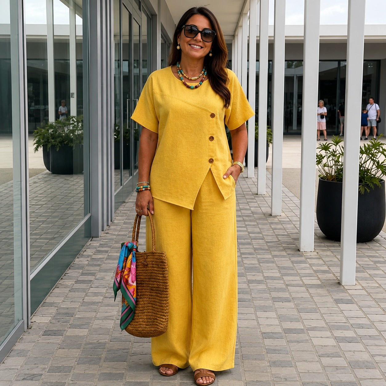 Savena™ Set mit Asymmetrischer Bluse mit Zierknöpfen und High-Waist-Culotte