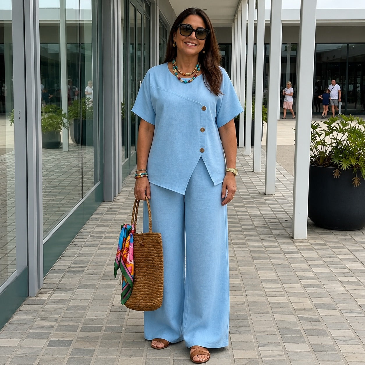 Savena™ Set mit Asymmetrischer Bluse mit Zierknöpfen und High-Waist-Culotte