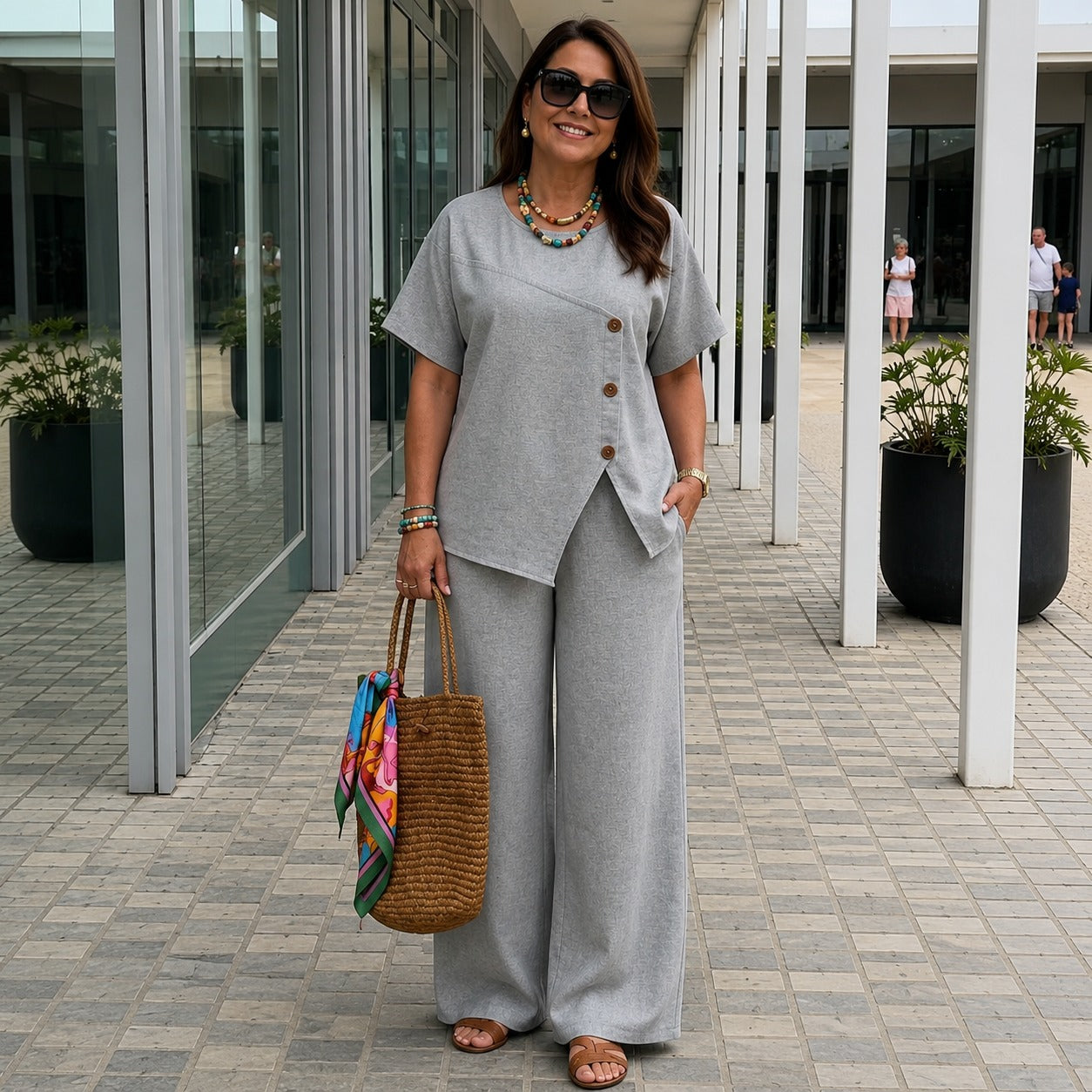 Savena™ Set mit Asymmetrischer Bluse mit Zierknöpfen und High-Waist-Culotte