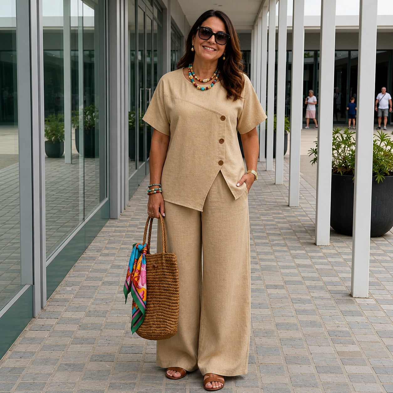Savena™ Set mit Asymmetrischer Bluse mit Zierknöpfen und High-Waist-Culotte
