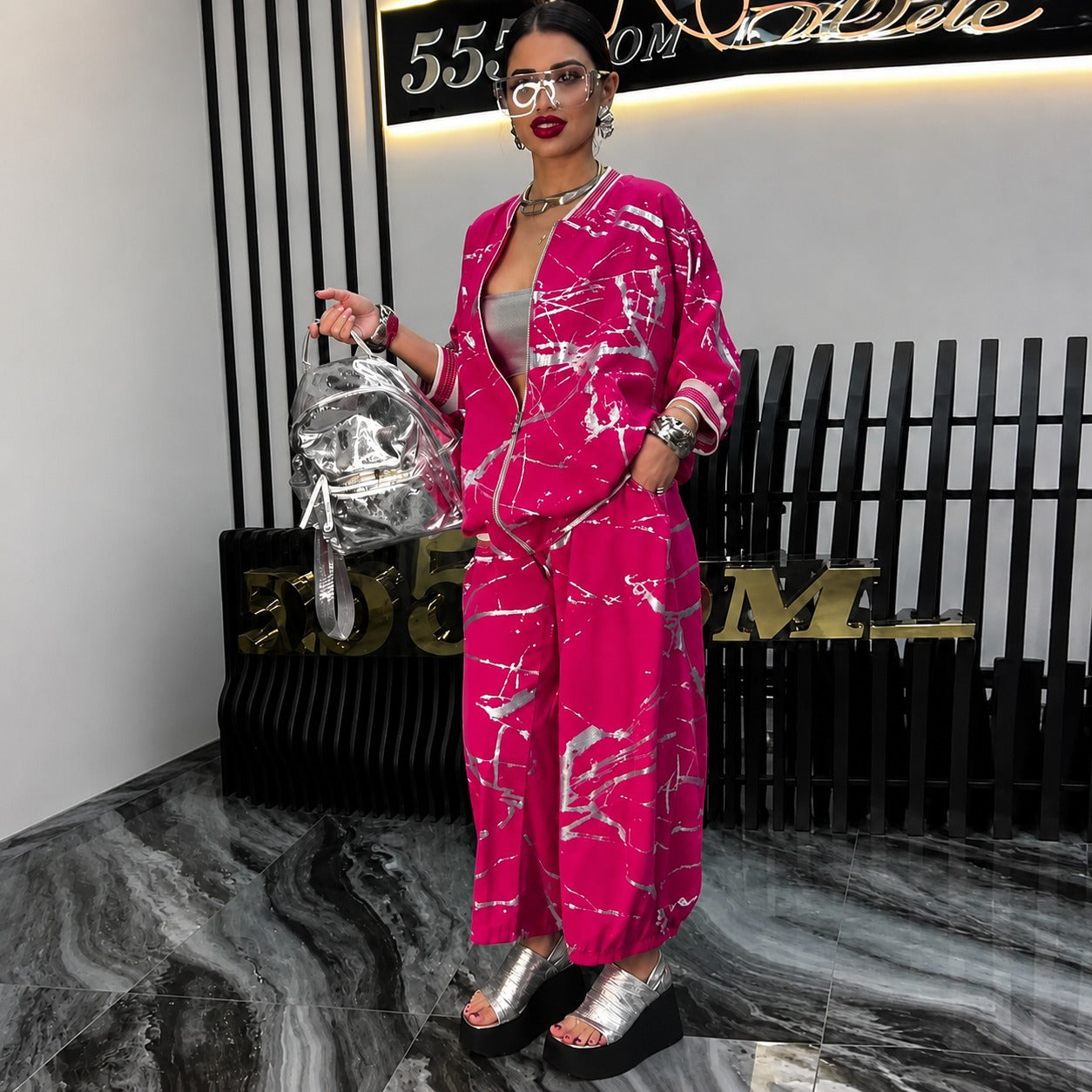 Set Romina™ Mit Oversize-Bomberjacke und Abstraktem Print