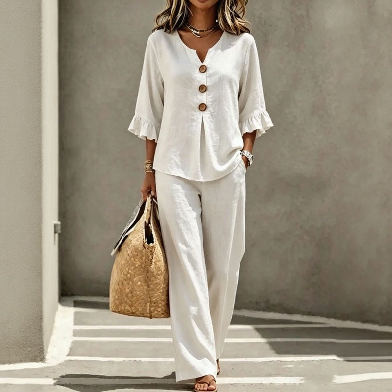 Carmelle™ Set Mit Button-Up-Bluse, Rüschenärmeln Und Palazzo-Hose