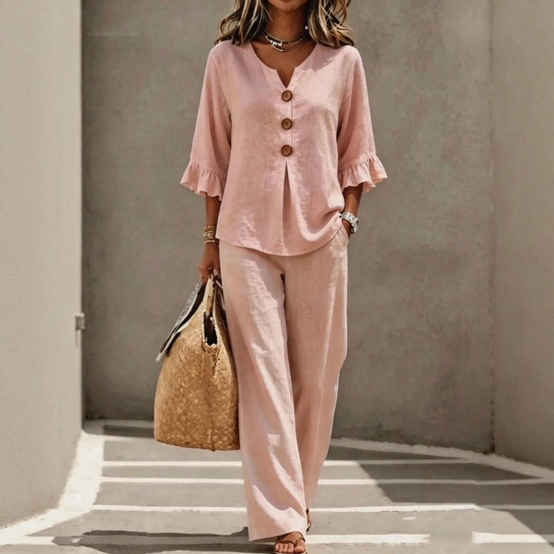 Carmelle™ Set Mit Button-Up-Bluse, Rüschenärmeln Und Palazzo-Hose