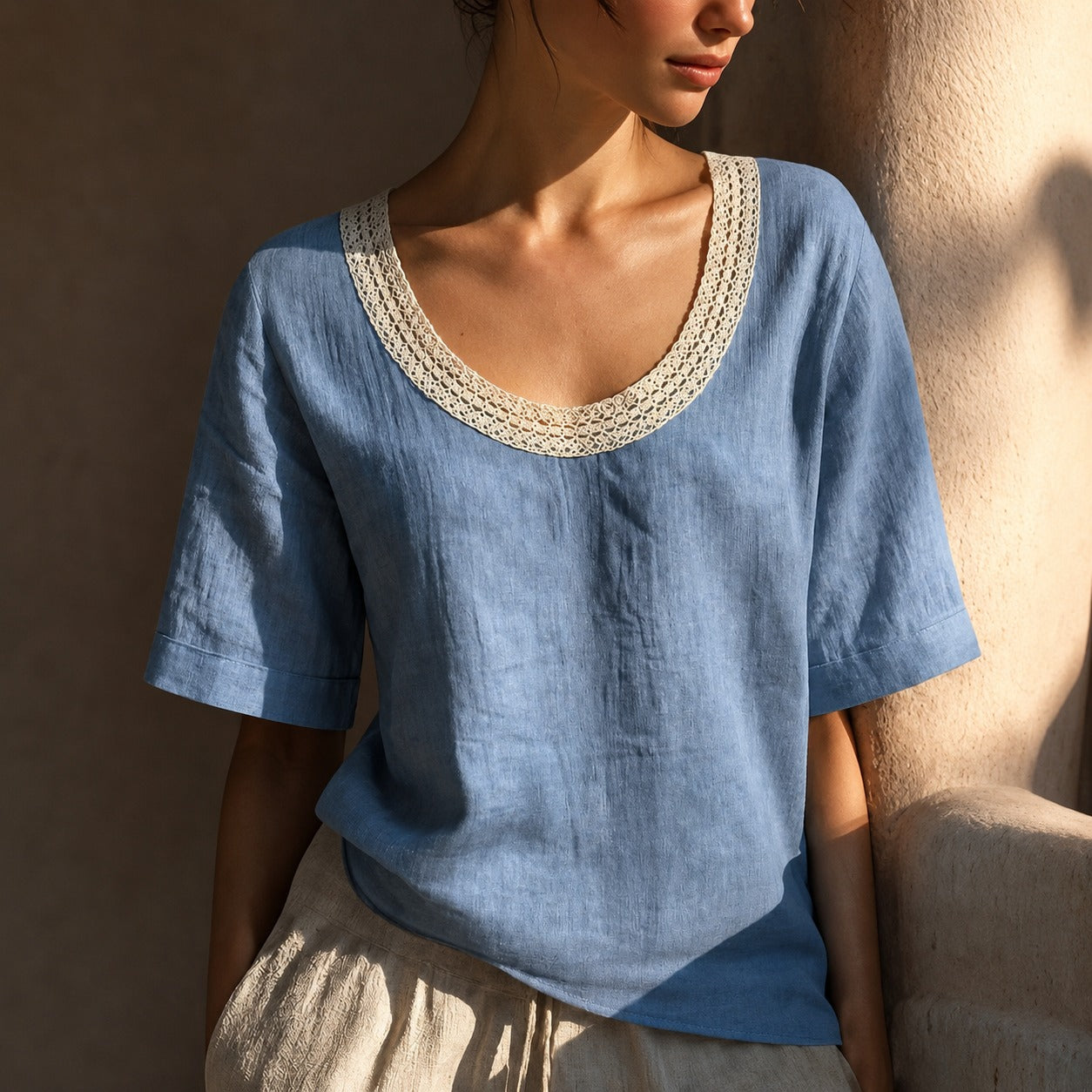 Bluse Alma™ mit Leinen-Baumwoll-Mix und Häkel-Ausschnitt