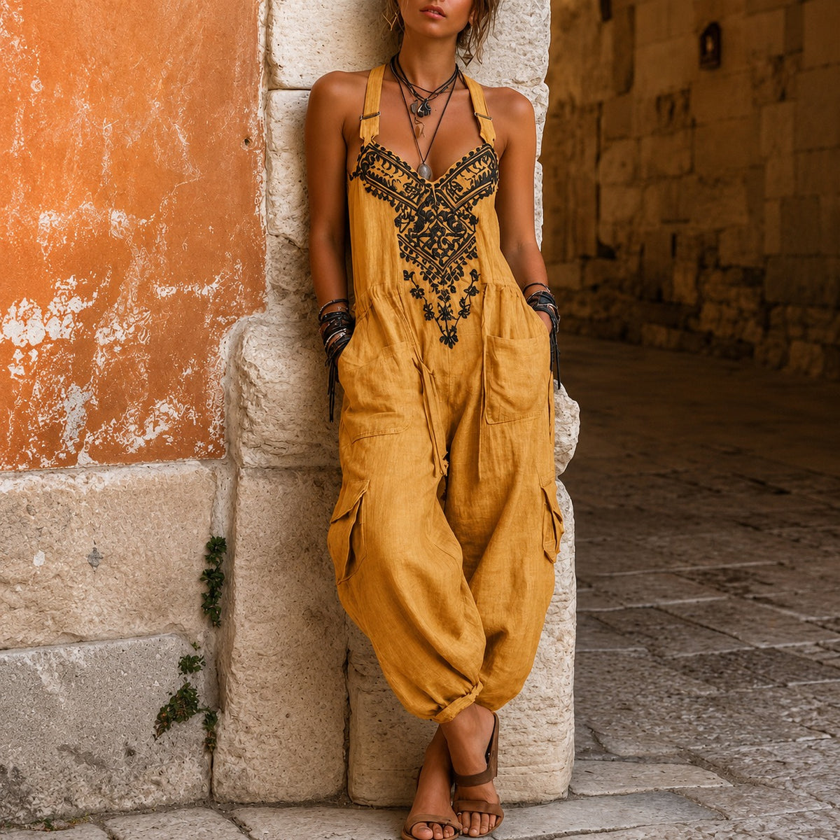 Overall Martha™ mit ornamentaler Stickerei, V-Ausschnitt und weitem Schnitt