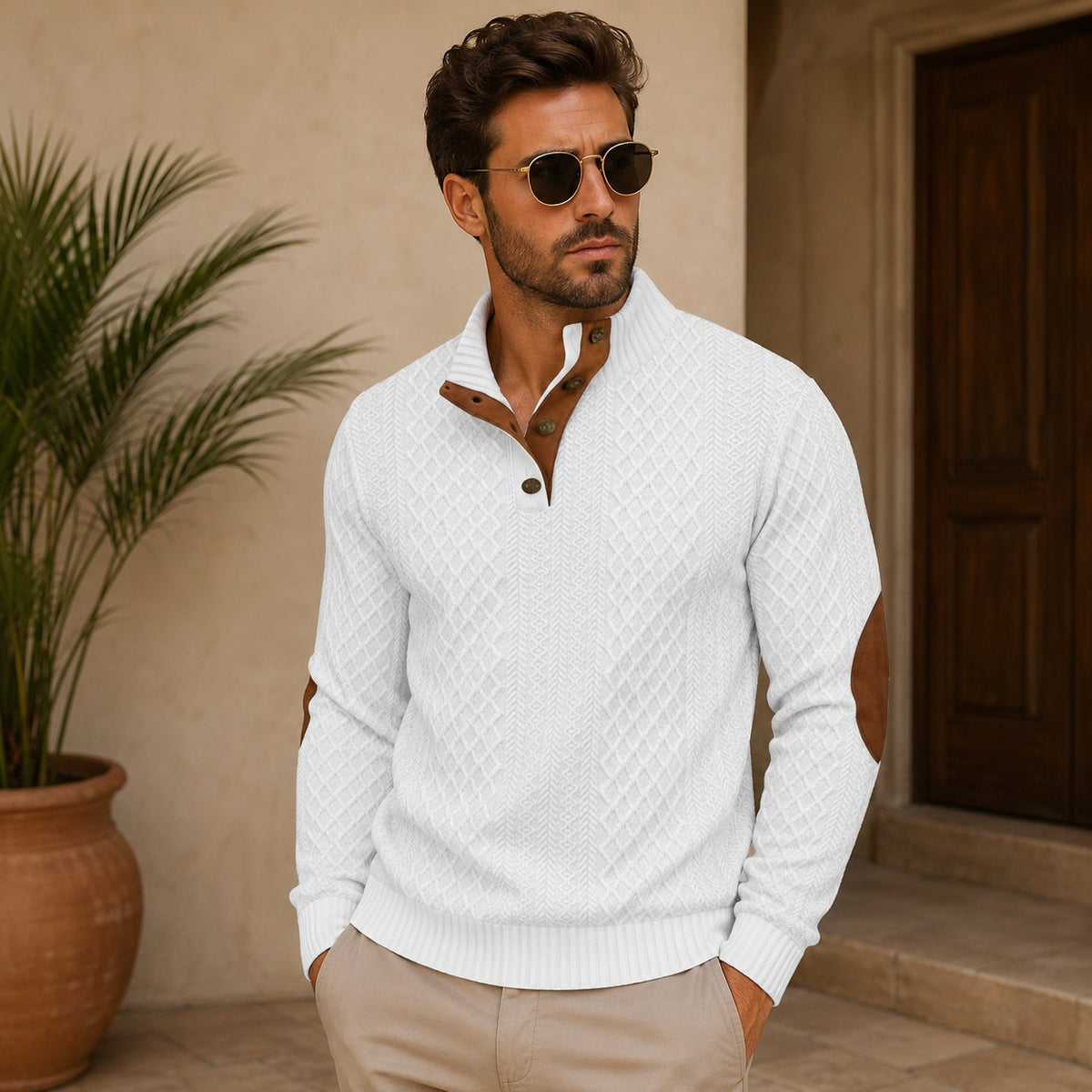 Pullover Albrecht™ mit Strukturmuster, Stehkragen und Ellenbogen-Patches