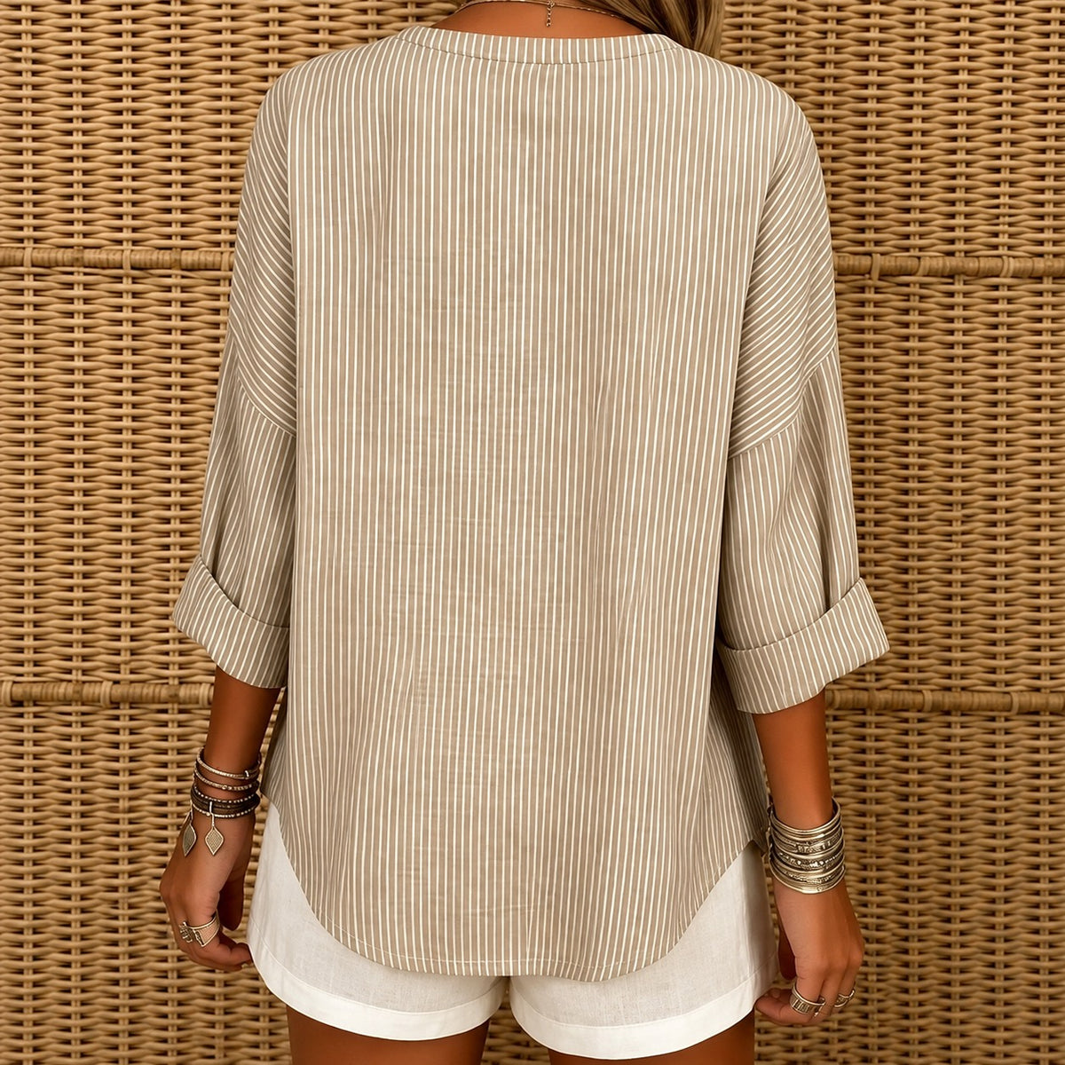 Maressa™ Bluse mit Stehkragen, 3/4-Ärmeln und vertikalen Streifen / Der Casual-Look, der sofort eleganter wirkt