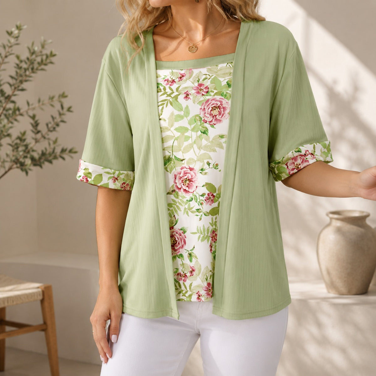 Bluse Maira™ 2-in-1 mit Cardigan-Überlagerung und Blumenmuster