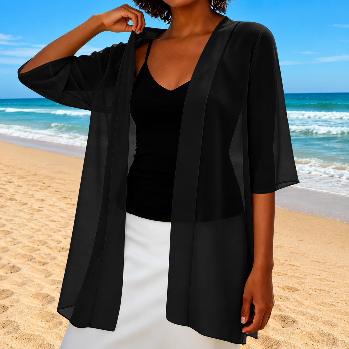 Cardigan Elva™ mit transparentem Stoff, offenem Schnitt und fließendem Fall