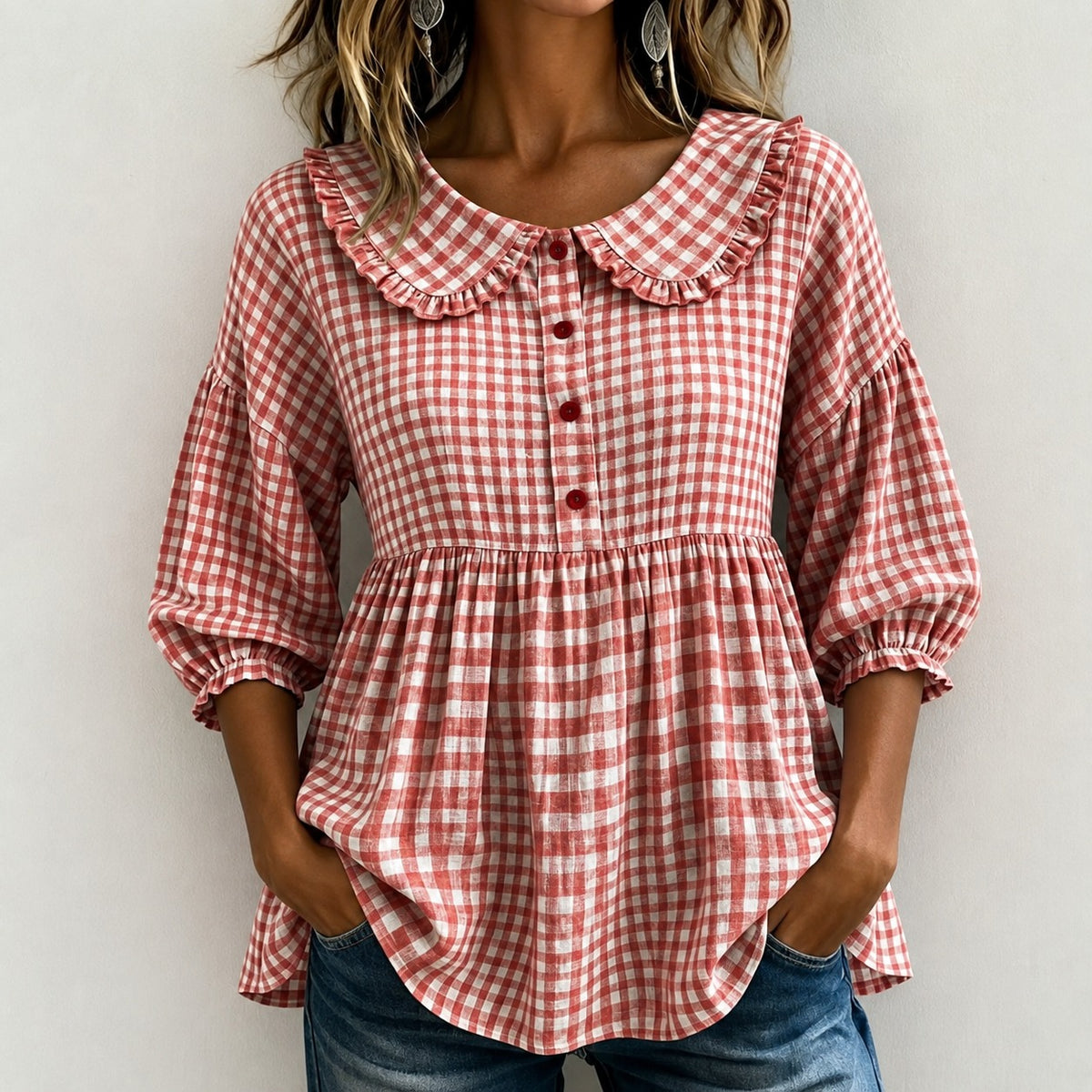 Bluse Luise™ mit Vichy-Karo, Rüschenkragen und Puffärmeln