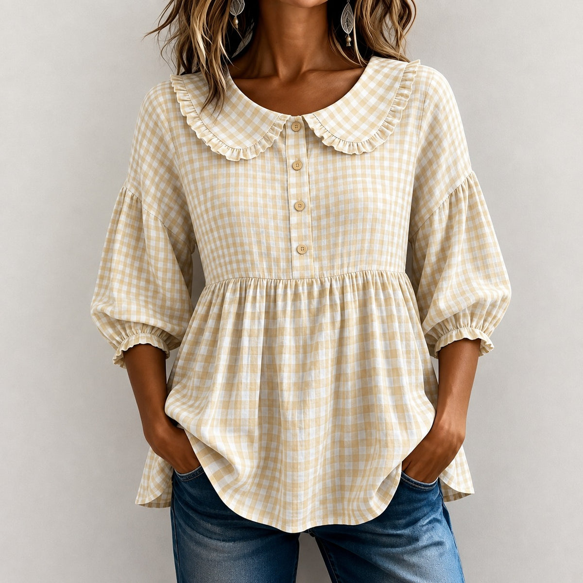 Bluse Luise™ mit Vichy-Karo, Rüschenkragen und Puffärmeln