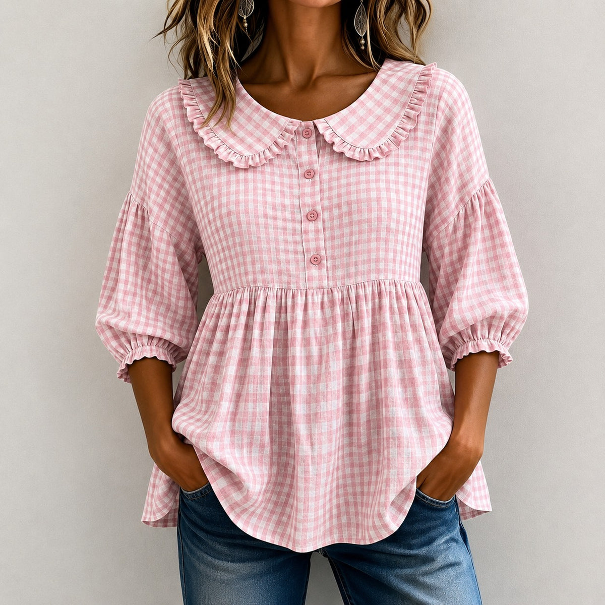 Bluse Luise™ mit Vichy-Karo, Rüschenkragen und Puffärmeln