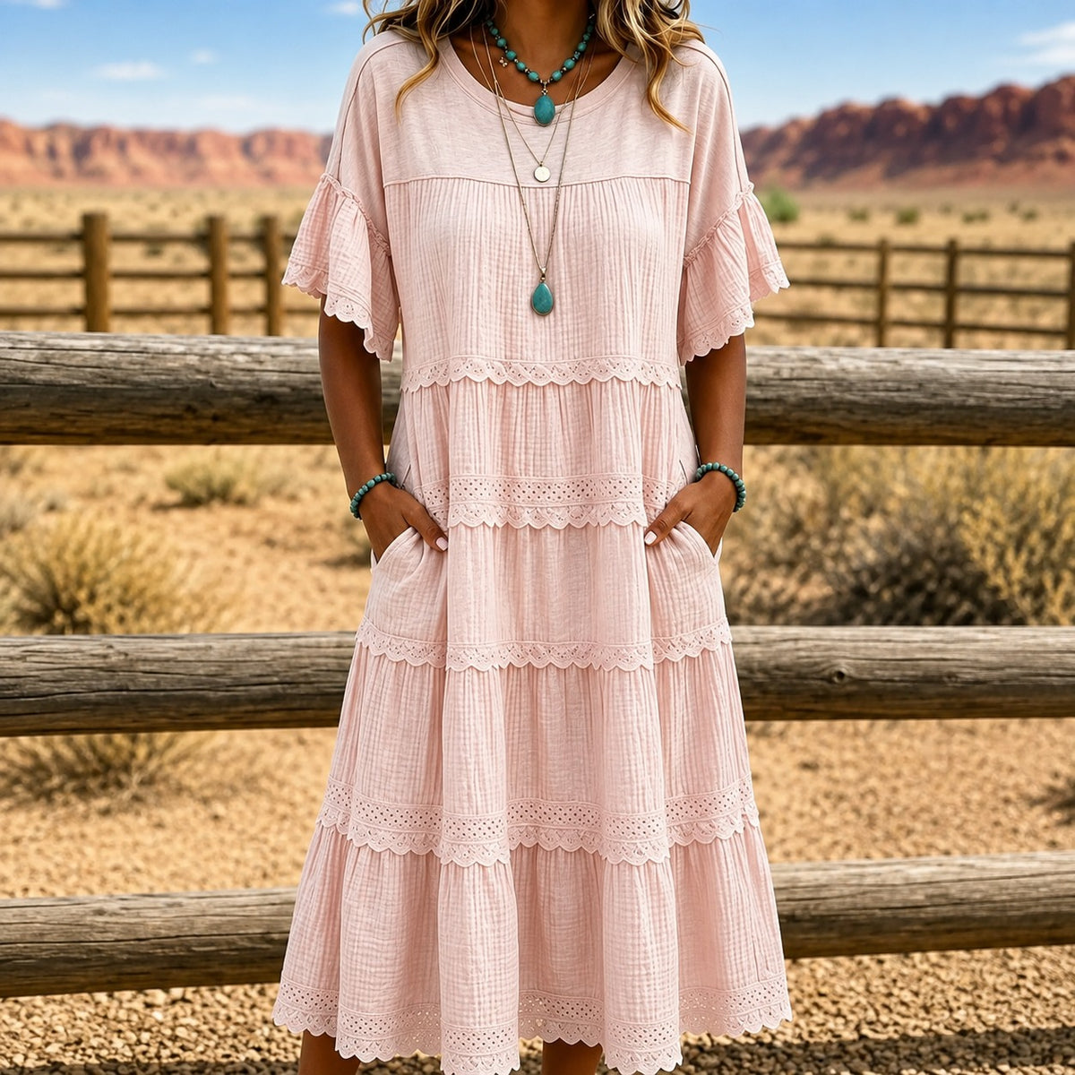 Kleid Heide™ mit Stufenrock, Spitzenbesatz und Seitentaschen