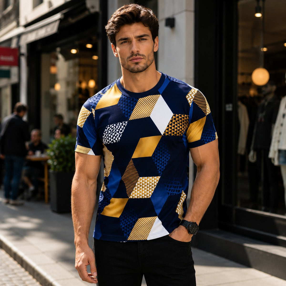 T-Shirt Ruben™ mit geometrischem Muster, Rundhals und kurzen Ärmeln