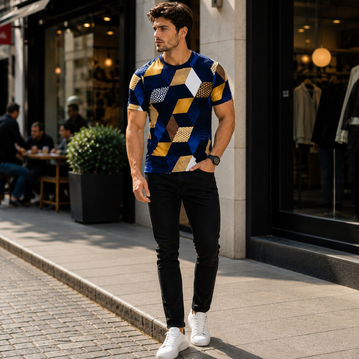 T-Shirt Ruben™ mit geometrischem Muster, Rundhals und kurzen Ärmeln