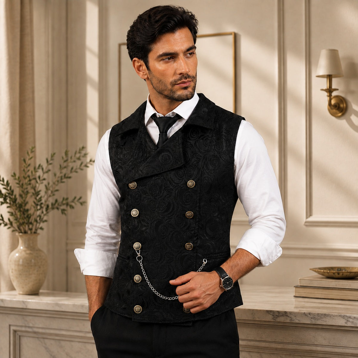 Ehrenberg™ Anzugweste mit floralem Jacquardmuster, zweireihigem Verschluss und Metalldetails