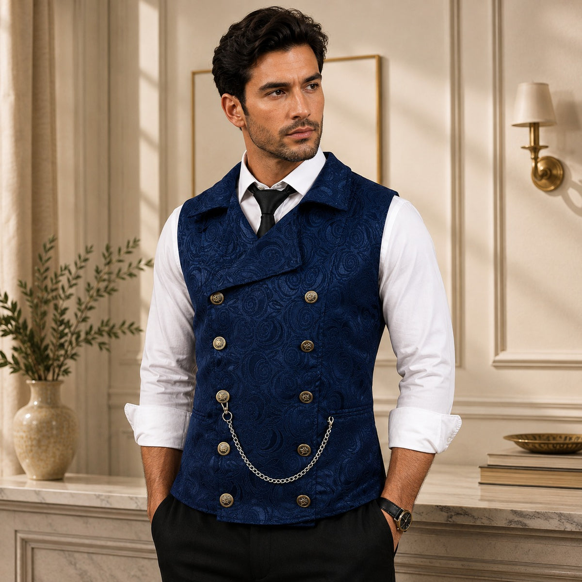 Ehrenberg™ Anzugweste mit floralem Jacquardmuster, zweireihigem Verschluss und Metalldetails
