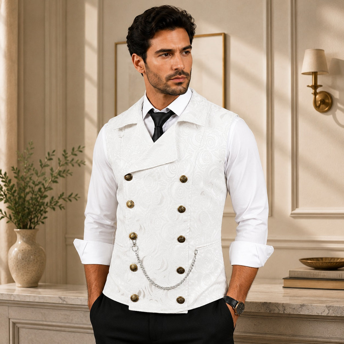 Ehrenberg™ Anzugweste mit floralem Jacquardmuster, zweireihigem Verschluss und Metalldetails