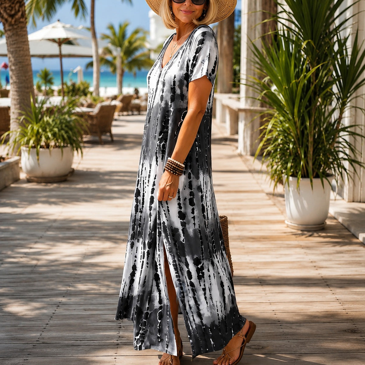 Verena™ Maxikleid mit ornamentalem Muster, V-Ausschnitt und Seitenschlitzen