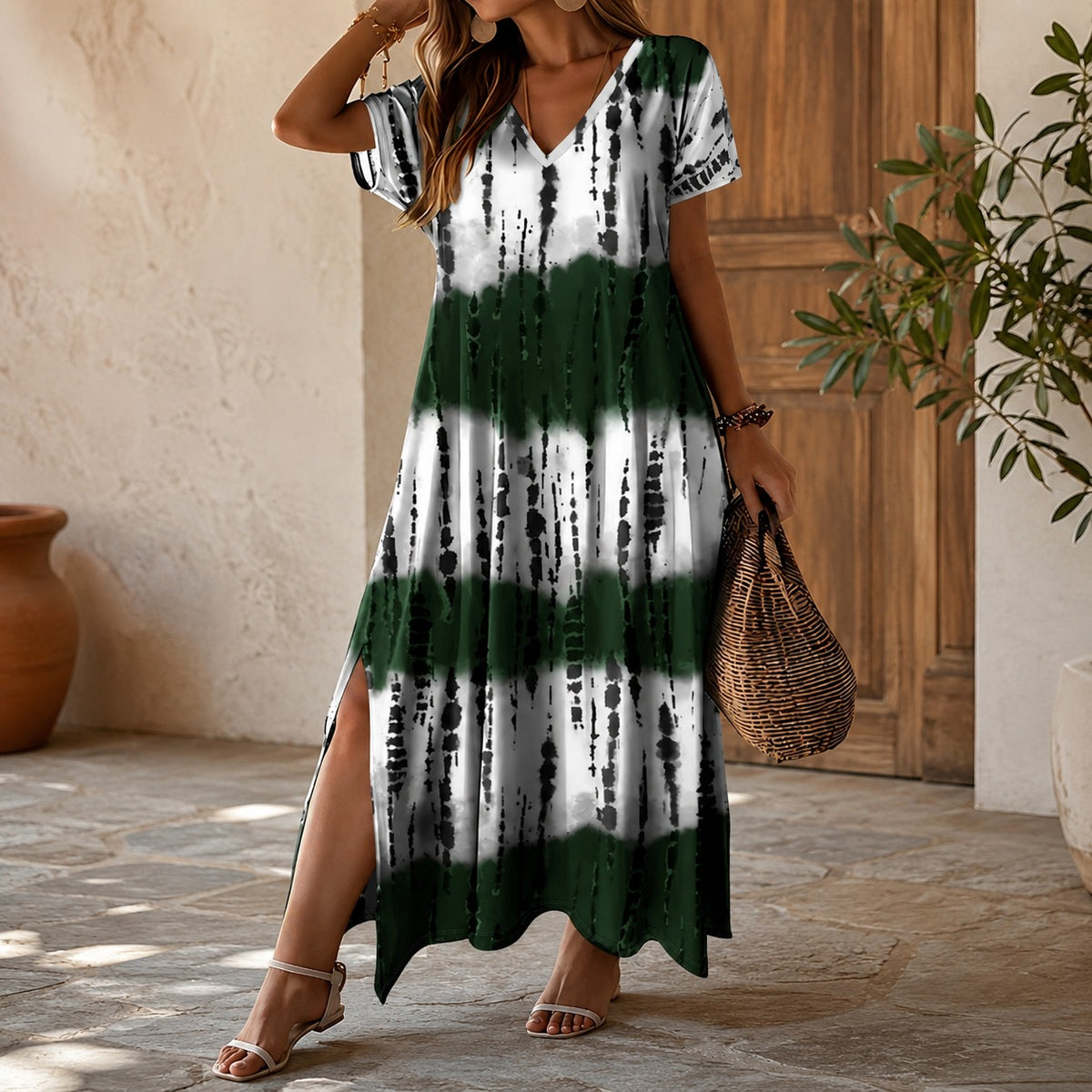 Verena™ Maxikleid mit ornamentalem Muster, V-Ausschnitt und Seitenschlitzen
