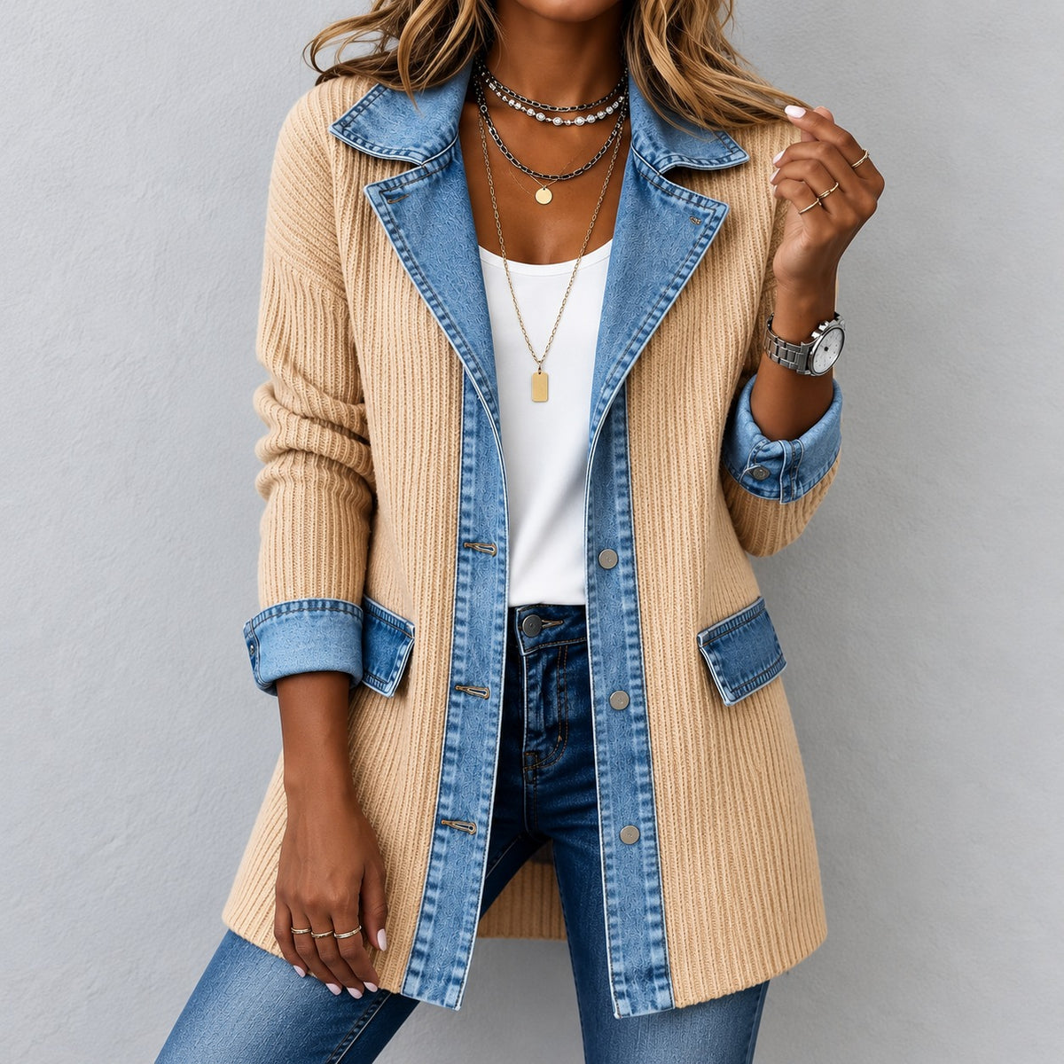Jacke Thea™ aus Rippstrick mit Denim-Details