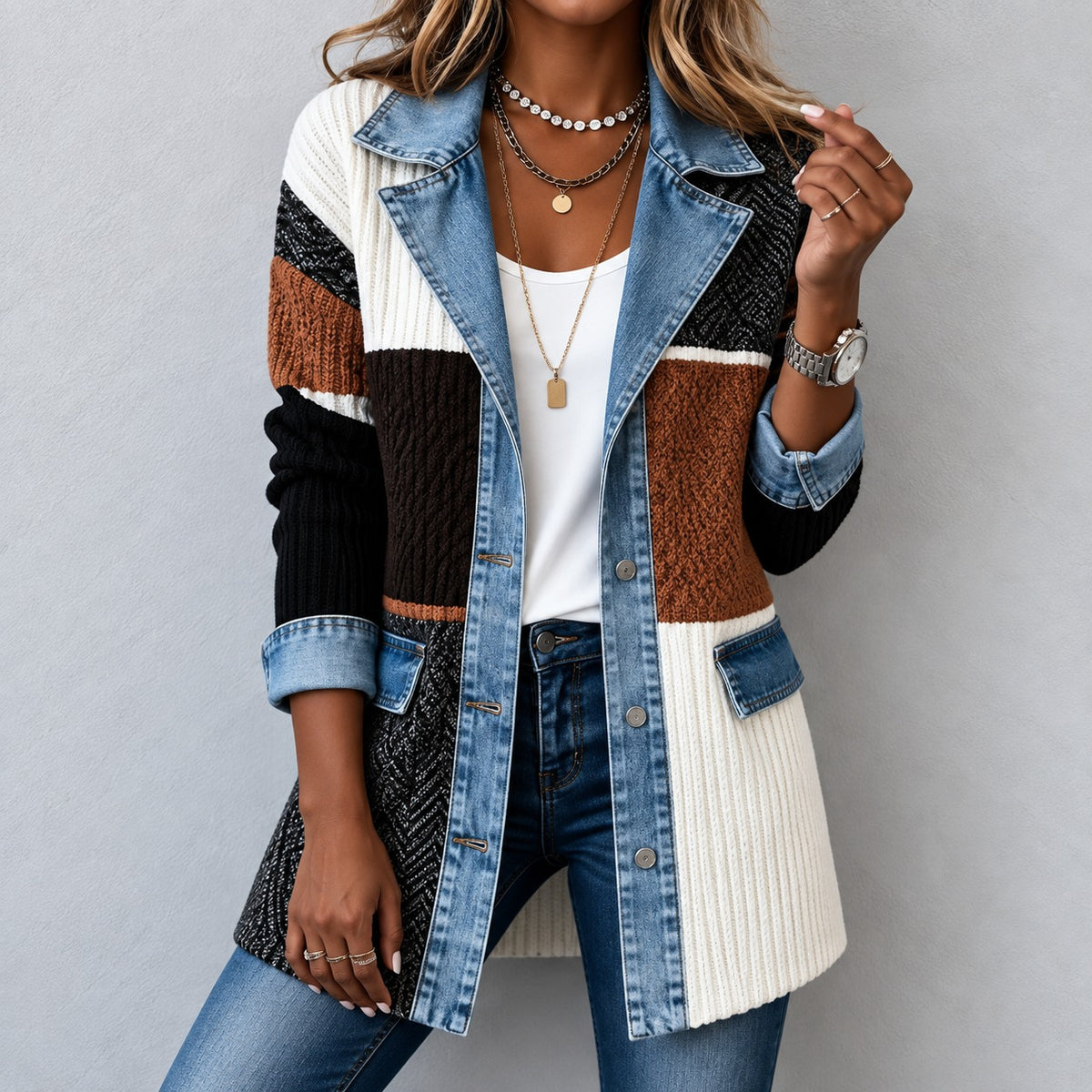 Jacke Thea™ aus Rippstrick mit Denim-Details