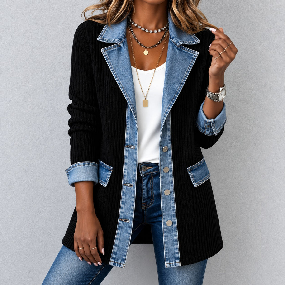 Jacke Thea™ aus Rippstrick mit Denim-Details