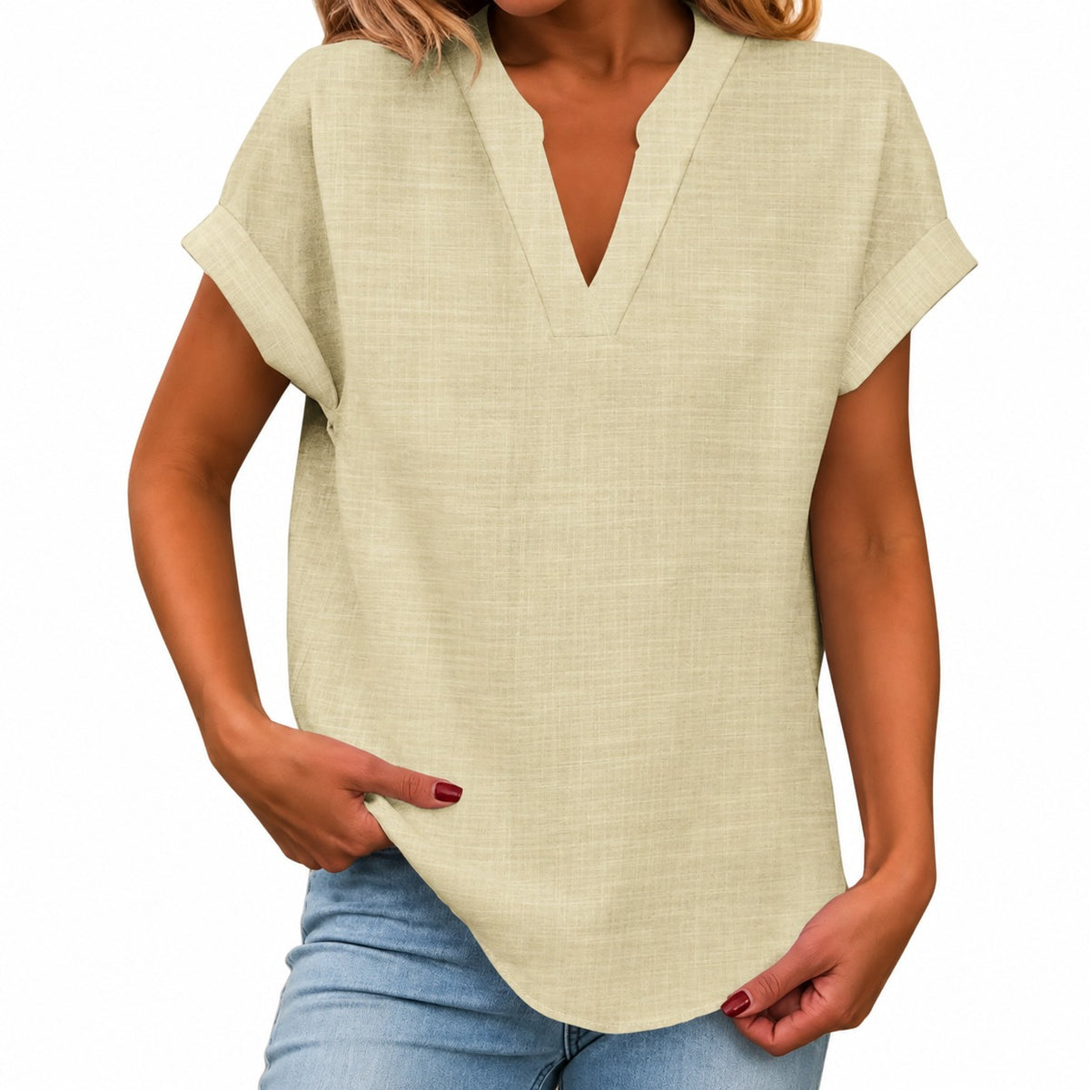 Nele™ Bluse mit umgeschlagenen kurzen Ärmeln und abgerundetem Saum