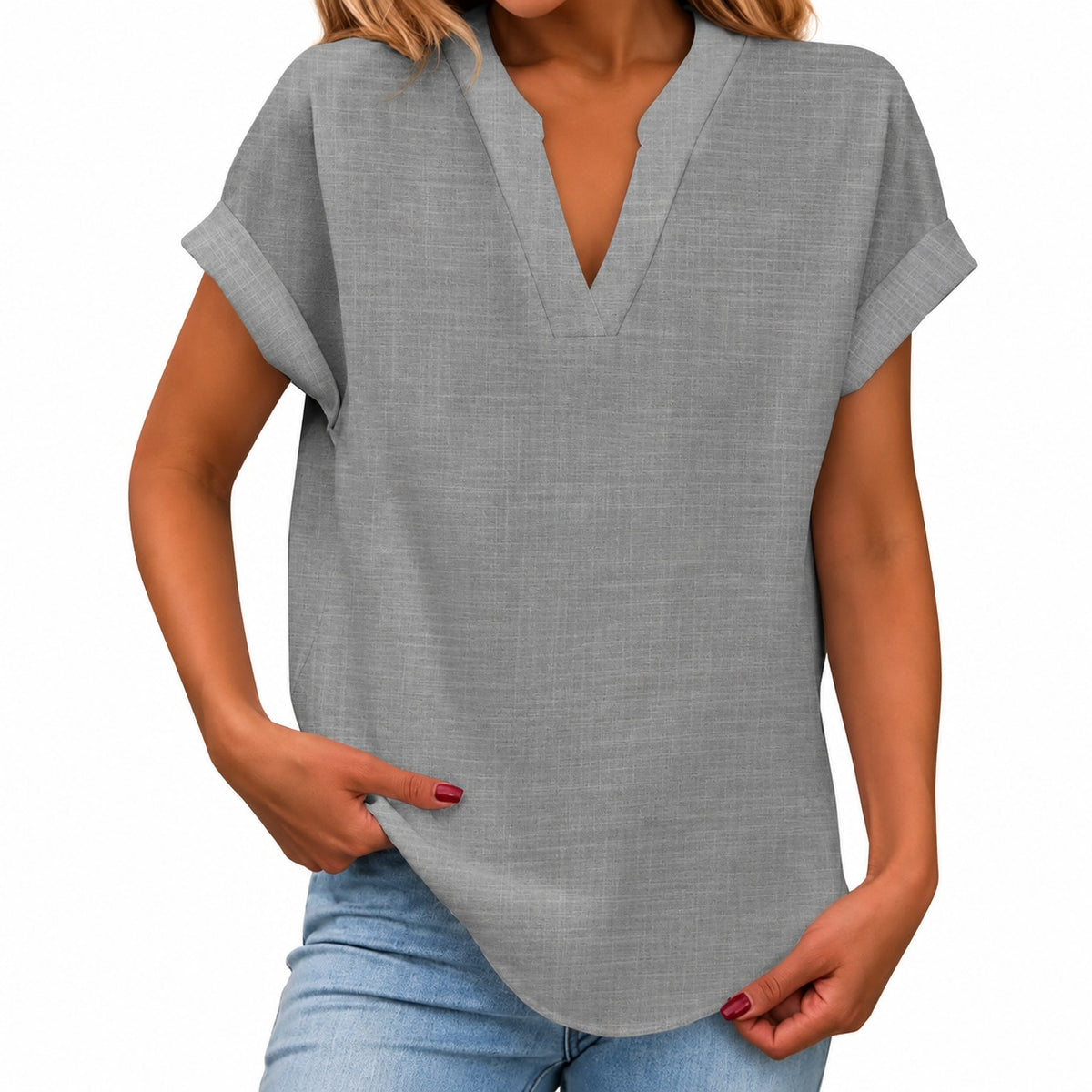 Nele™ Bluse mit umgeschlagenen kurzen Ärmeln und abgerundetem Saum