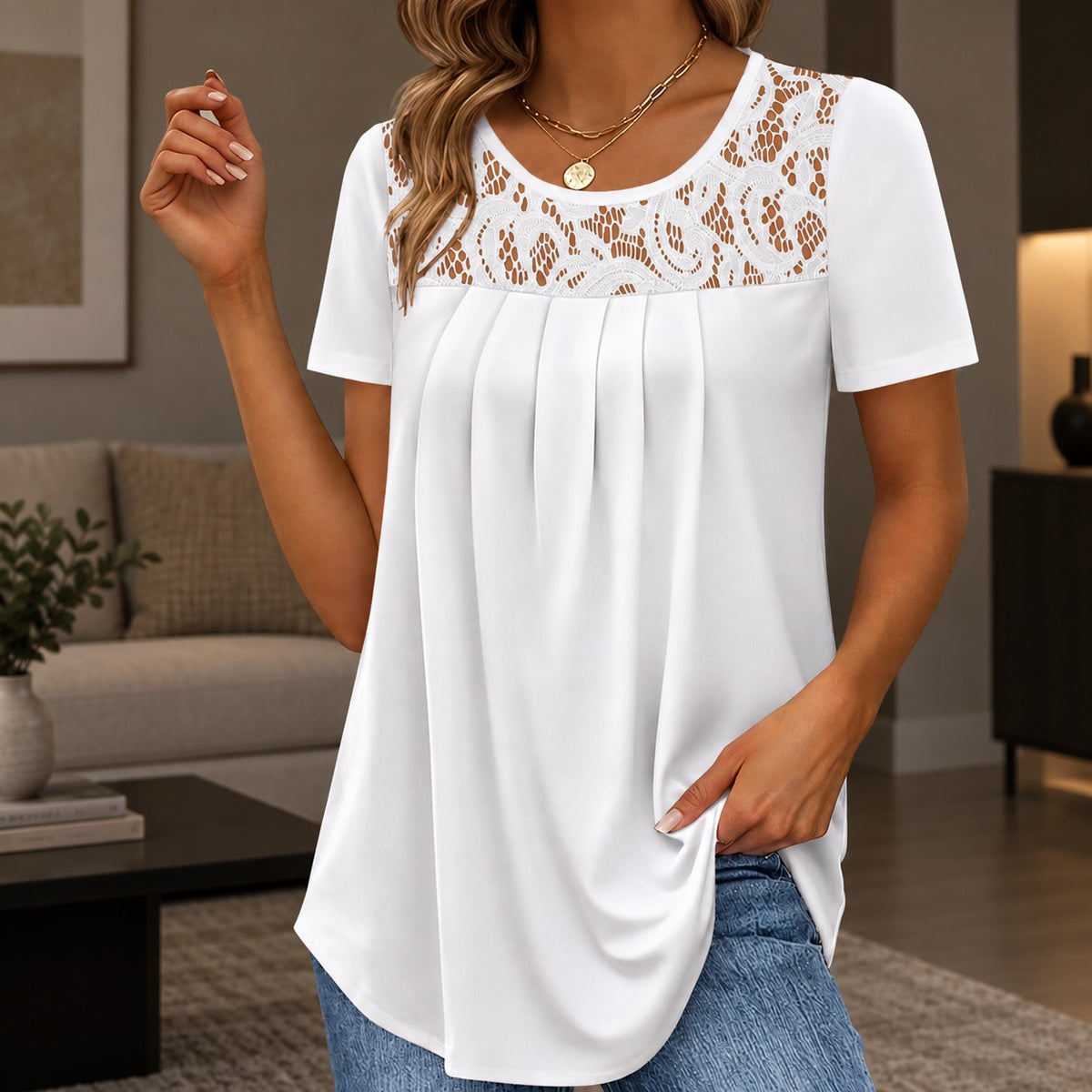Bluse Roswitha™ mit floraler Spitze, Frontfalten und fließendem Fall