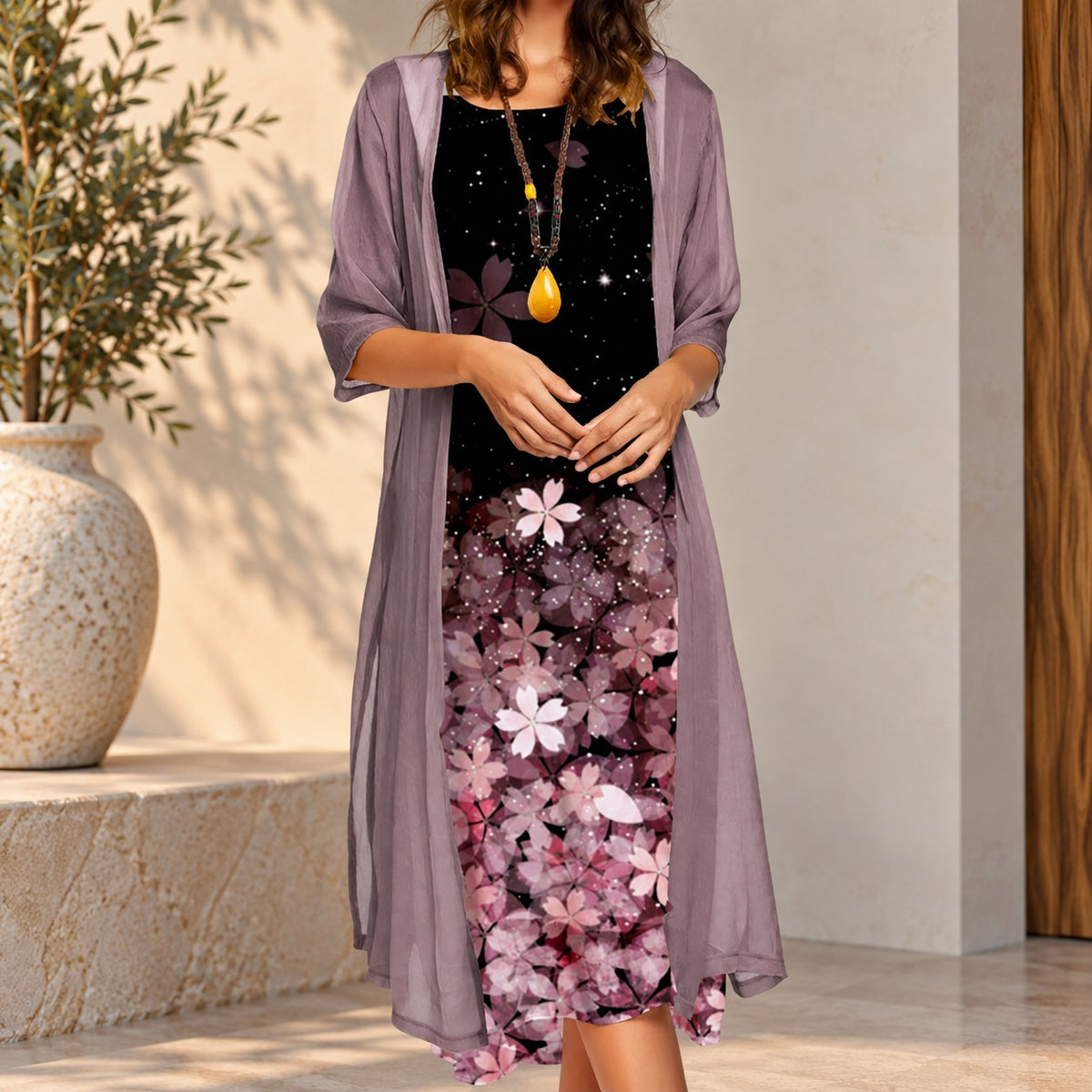 Zweiteiler Elisande™ mit Blumenkleid und langem transparentem Cardigan