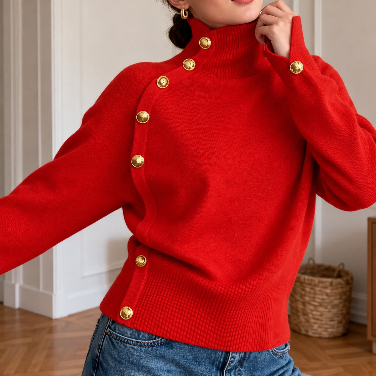 Strickpullover Greta™ mit Stehkragen, asymmetrischen goldfarbenen Knöpfen und Rippbund