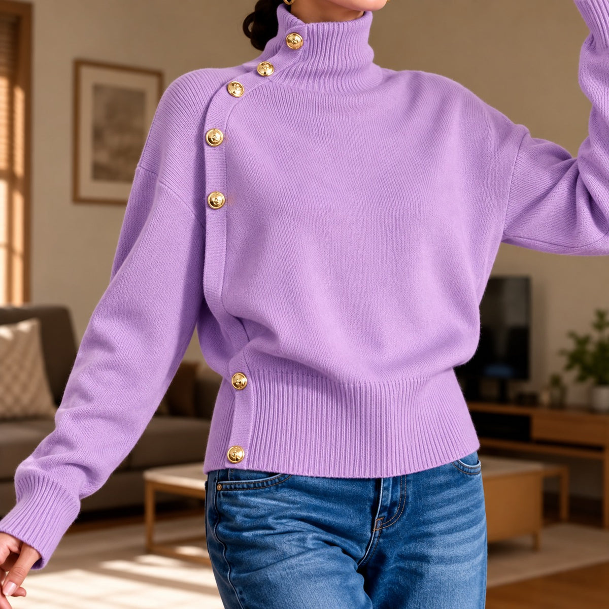 Strickpullover Greta™ mit Stehkragen, asymmetrischen goldfarbenen Knöpfen und Rippbund
