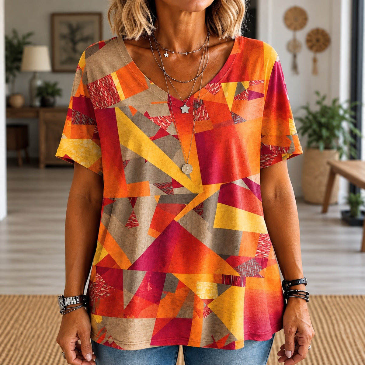 Bluse Weimar™ mit abstraktem Print, V-Ausschnitt und lockerem Schnitt