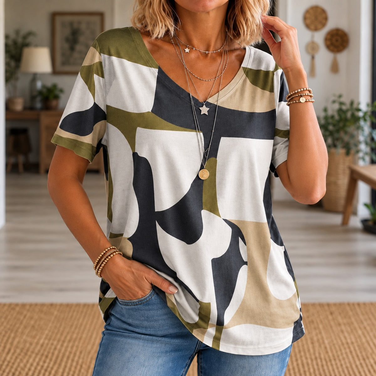 Bluse Weimar™ mit abstraktem Print, V-Ausschnitt und lockerem Schnitt