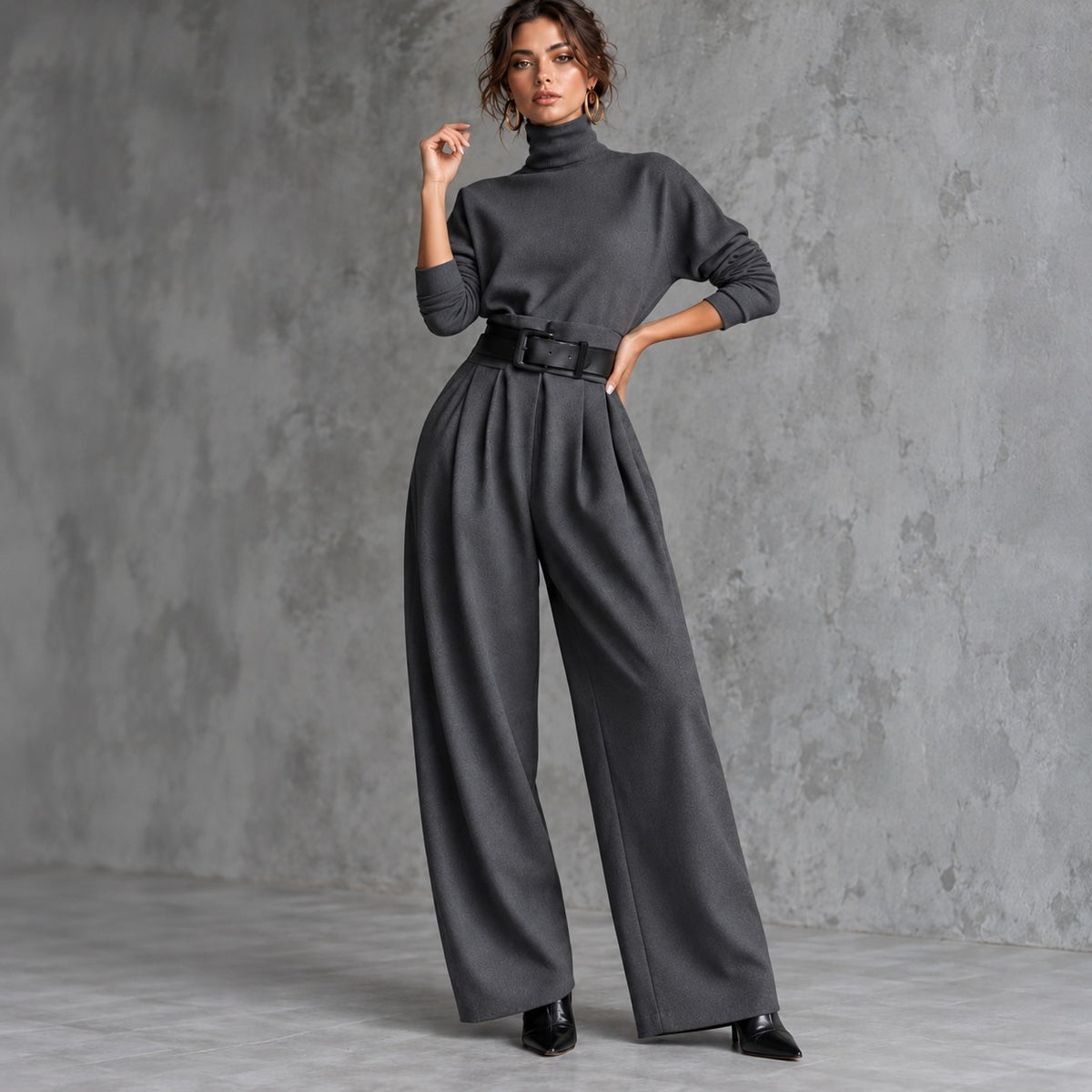 Stella™ Zweiteiler mit hochgeschlossenem Oberteil und Bundfaltenhose mit Gürtel