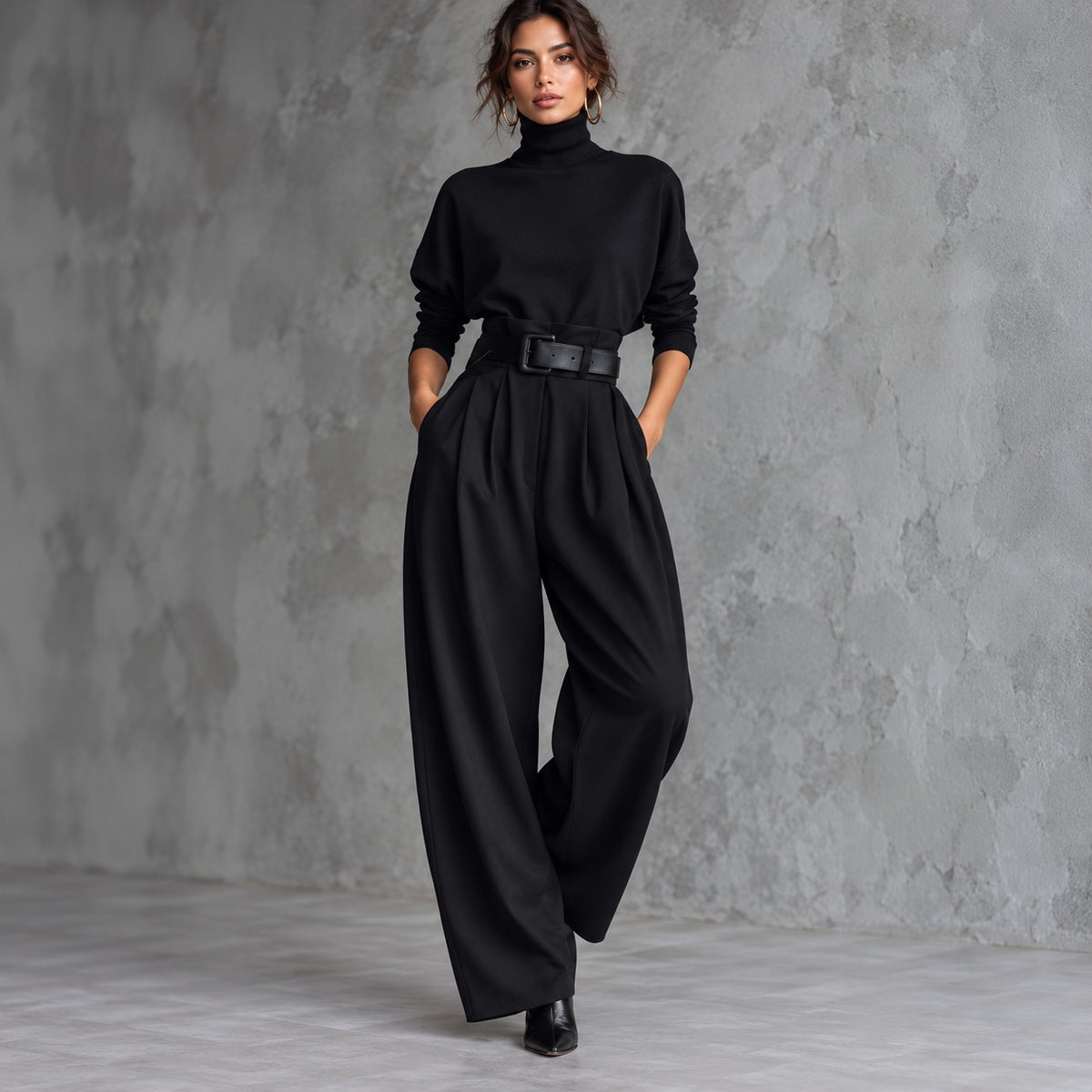 Stella™ Zweiteiler mit hochgeschlossenem Oberteil und Bundfaltenhose mit Gürtel