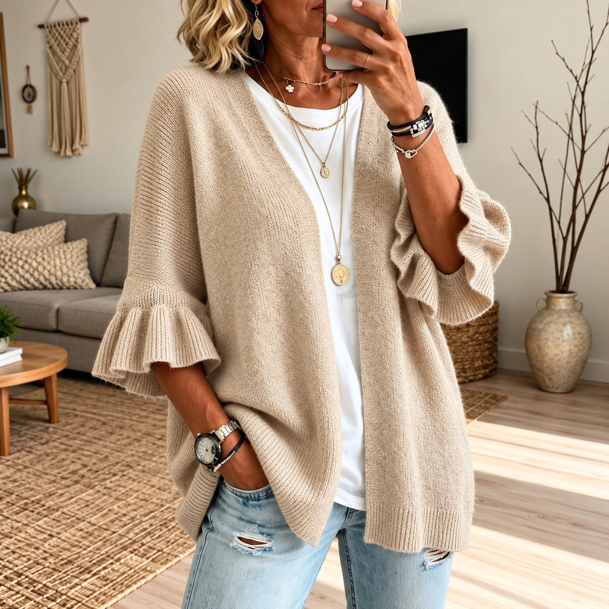Strickjacke Gesine™ mit strukturierter Strickoptik, offener Front und ausgestellten Ärmeln