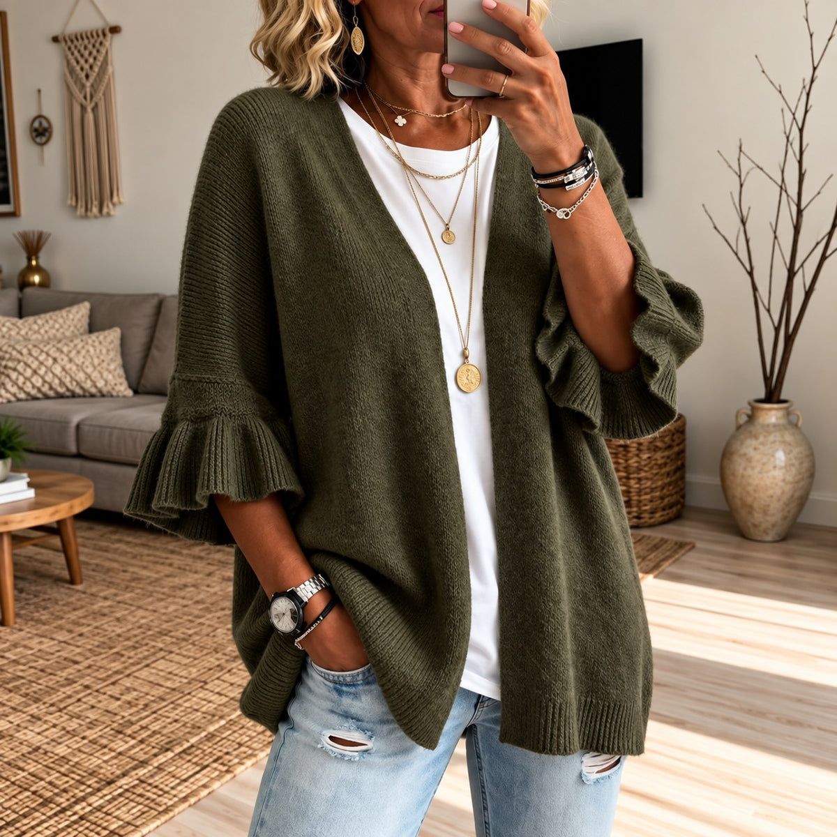 Strickjacke Gesine™ mit strukturierter Strickoptik, offener Front und ausgestellten Ärmeln